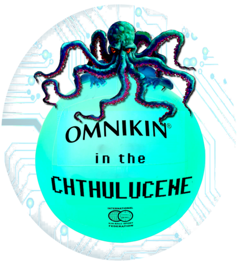 collage d'une pieuvre sur un ballon de Kinball sur lequel il est écrit Omnikin in the Chthulucene