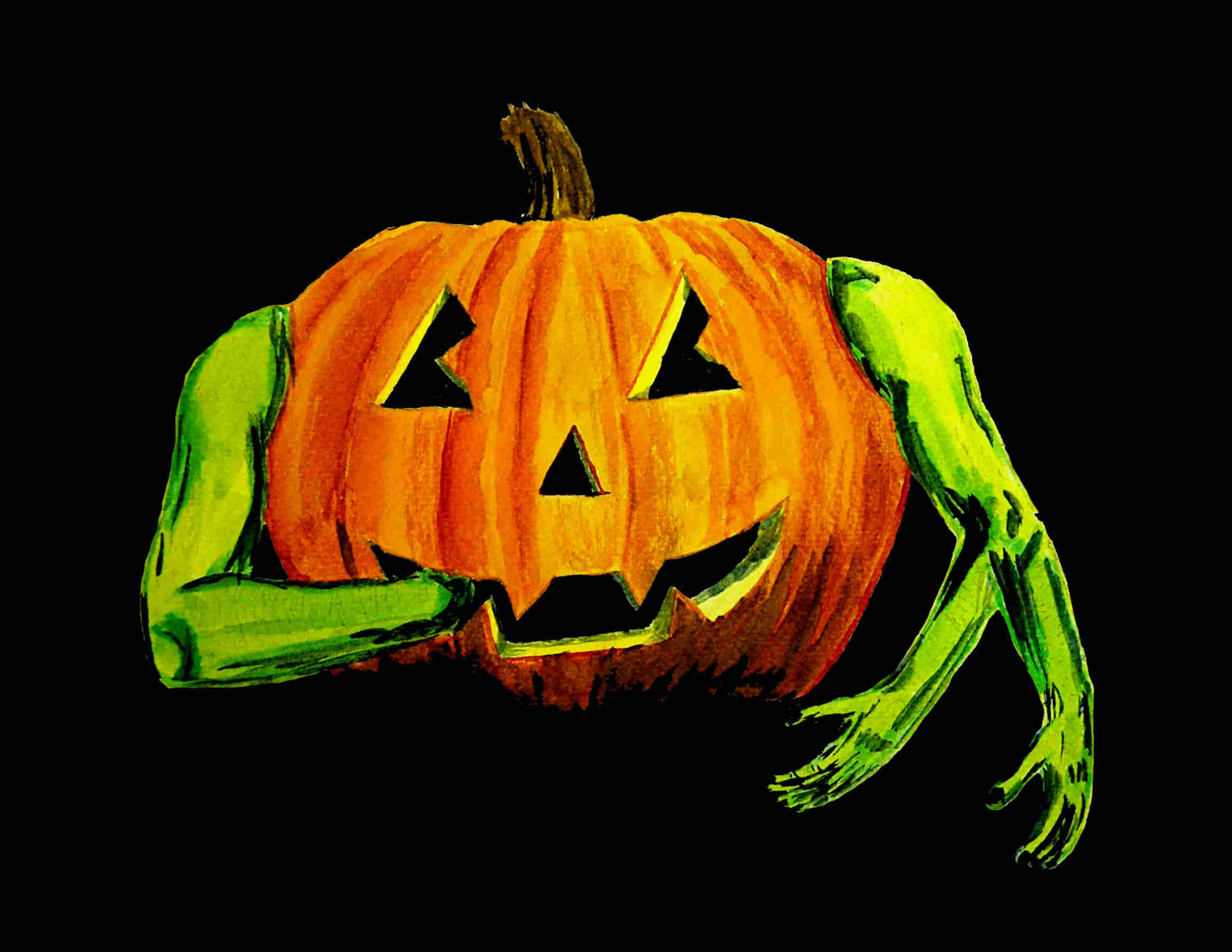 peinture d'une citrouille d'halloween avec des bras verts et une main dans sa bouche