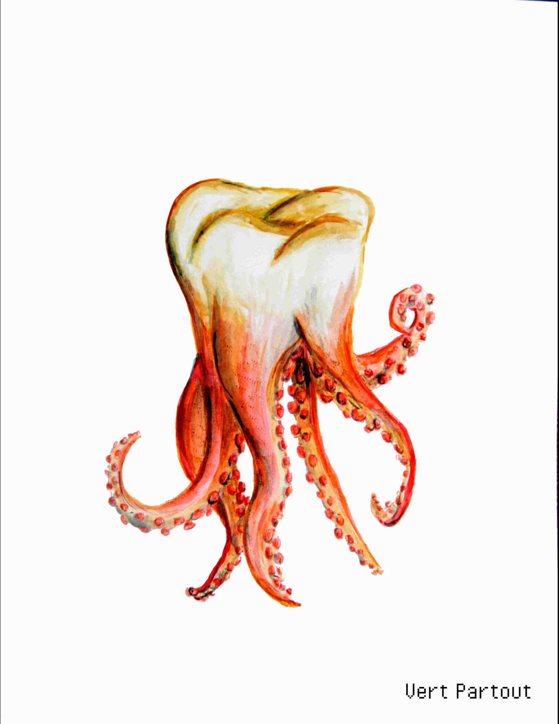 peinture d'une dent avec des tentacules, sur fond blanc