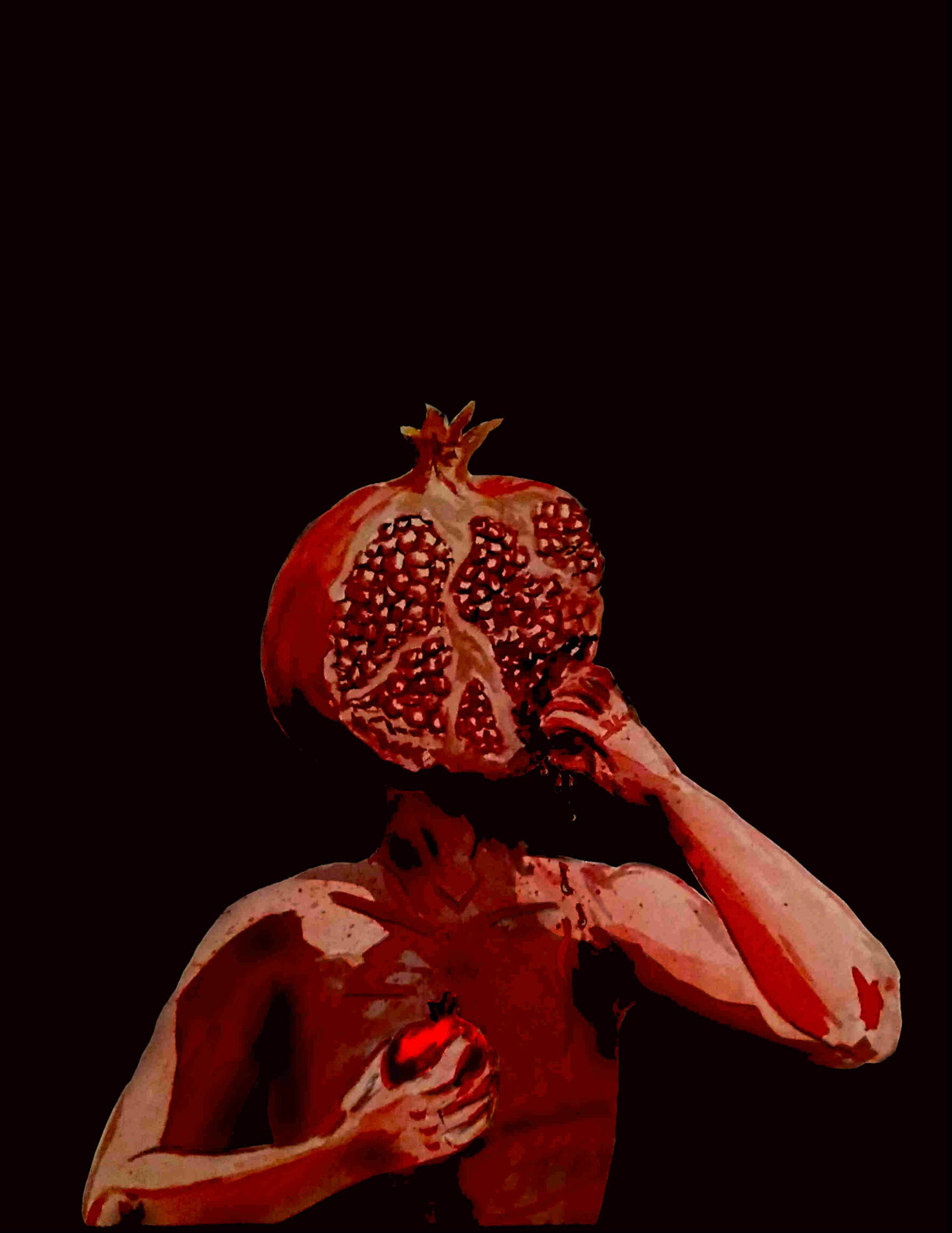 peinture d'un être qui a une pommegrenade comme tête