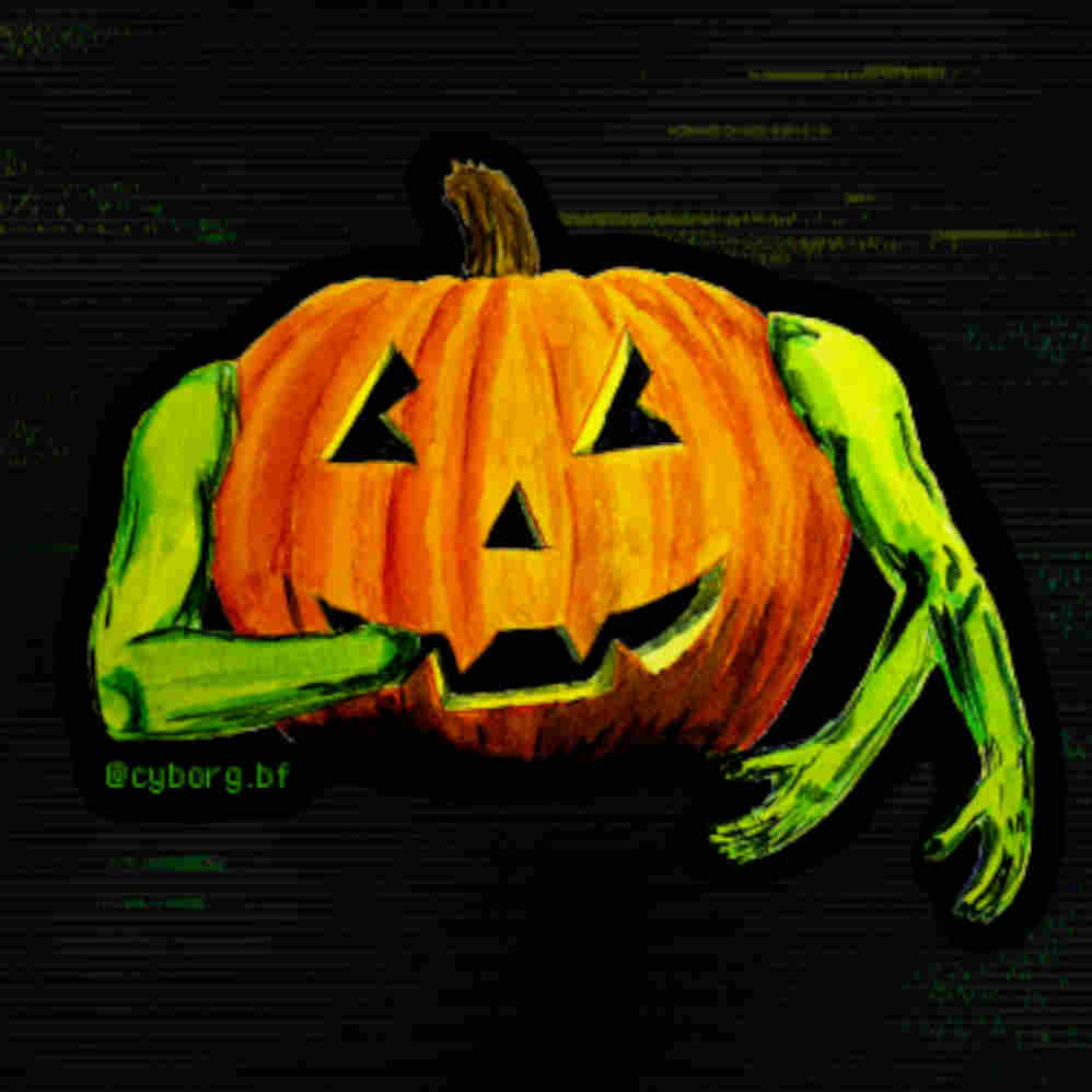 autocollant d'une peinture d'une citrouille d'halloween avec des bras verts et une main dans sa bouche
