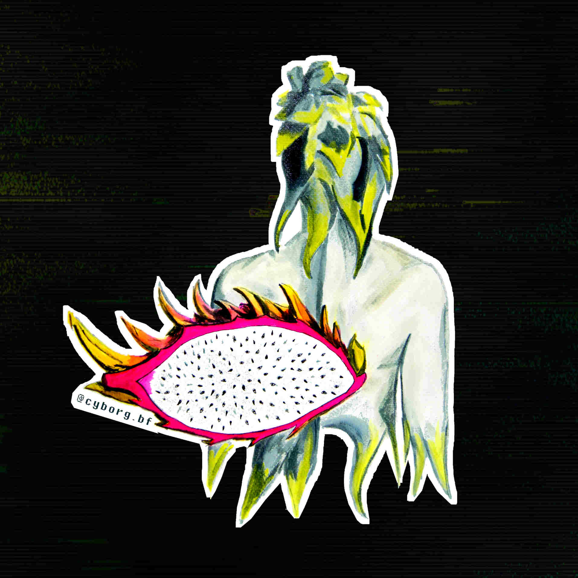 autocollant d'une peinture d'une silhouette de dos avec une tête de pitahaya et un demi pitahaya dans son dos