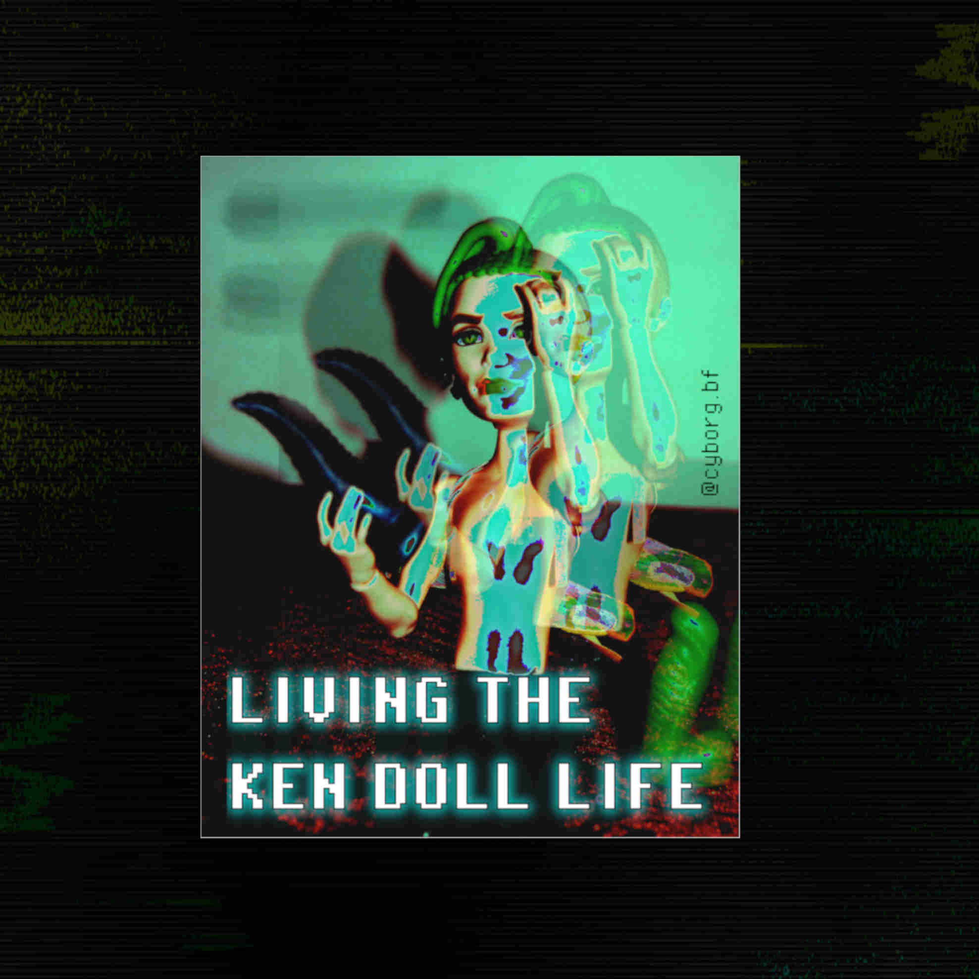 un autocollant d'une poupée d'un garçon tenant un mini-dildo sur lequel il est écrit : Living the Ken Doll life